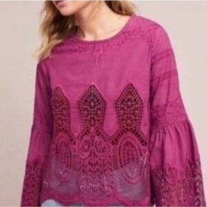 Anthropologie Chloe Oliver Magenta Pink Lace Bell Sleeve Boho Blouse, Size S